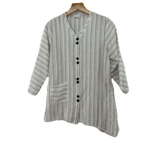 Habitat Women's Sz M White Gray Stripe‎ Asymmetrical Hem Button Up Tunic Top